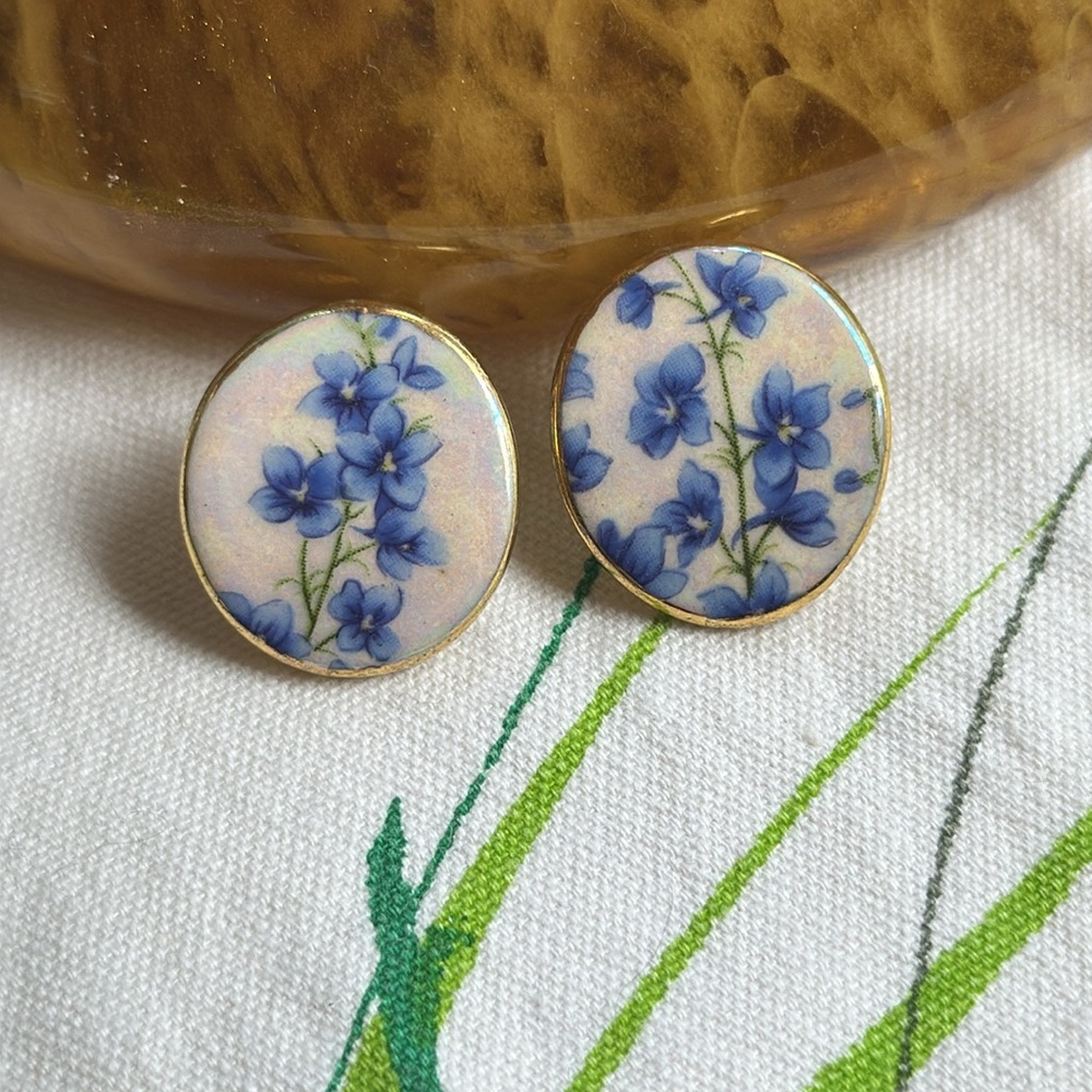 Vintage hand-painted ceramic forget-me-not pierced earrings with gold trim